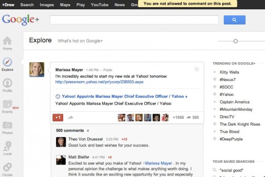 exploregoogleplus 520x347 photo exploregoogleplus 520x347 Want to congratulate Marissa Mayer on her new gig via her Google+ post? You cant