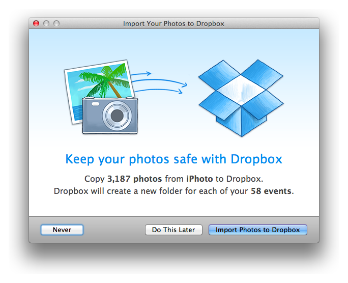 iPhoto splash Dropbox can now automatically save your screenshots when you take them, and import photos from iPhoto