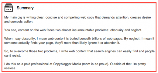 Demian LinkedIn summary 520x240 How to write a professional bio for Twitter, LinkedIn, Facebook, and Google+