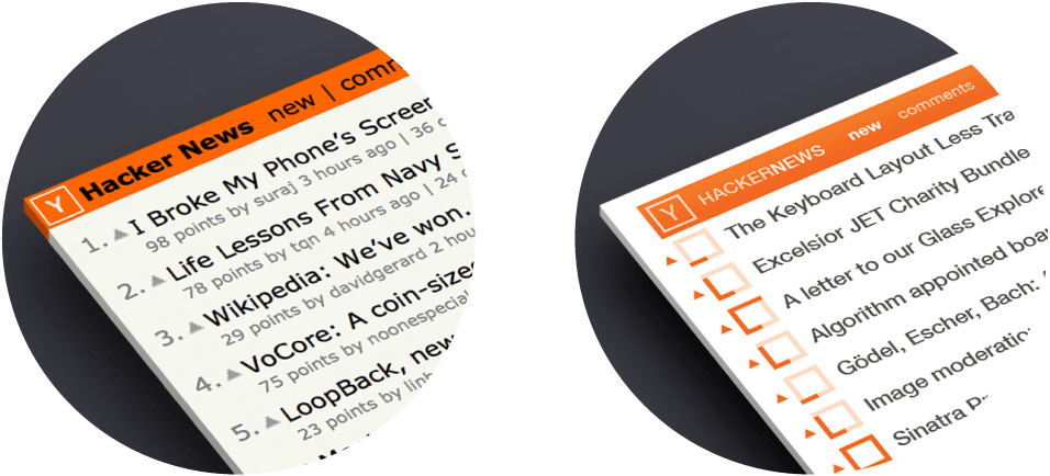 Hila Peleg's Hacker News redesign featured a visual meter indicating the popularity of posts